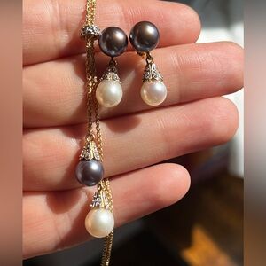14k gold Genuine Diamond and Pearl necklace/earrings set